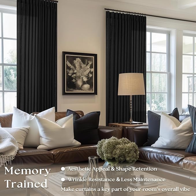 Black Pinch Pleated Linen Semi Sheer 102 Inch Curtains 2 Panels | Light - Image 2