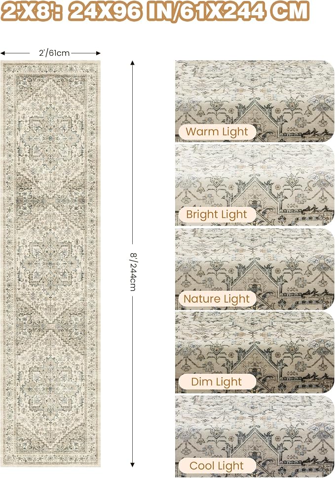 Runner Rug 2x8 Runners for Hallways Washable Rugs, Non Slip Low Pile Soft - Image 2
