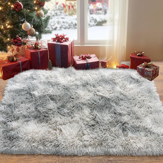 Fluffy Small Rug for Bedroom 2x3 Feet, Shag Soft Area Rug, Tie Dye Grey | by PIONBLANK