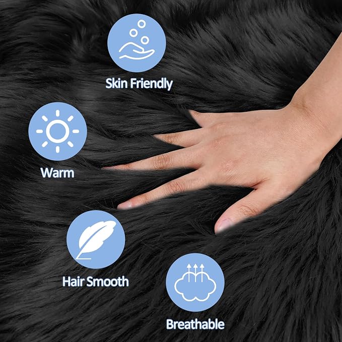 Faux Fur Black Round Rug 4ft for Bedroom, Plush Shaggy Circular Rug for Nursery - Image 4