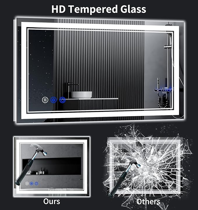 48"x30" LED Bathroom Mirror with Anti-Fog, Stepless Dimmable Lights, 3 Color Modes, Shatter-Proof Tempered Glass, Memory Function & Waterproof Design