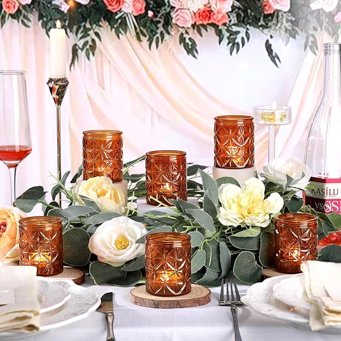 12 Pack Vintage Amber Votive Candle Holders, Glass Candle Holders for Wedding Table Centerpiece, Small Tealight Candle Holder for Home Decor, Tea Lights Candle Holder for Party, Boho Fall Decor
