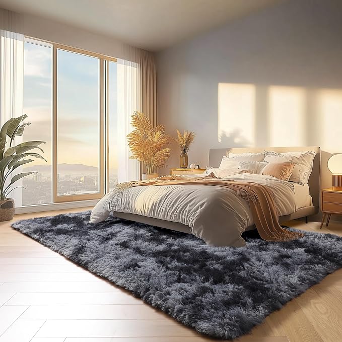 Rugs for Living Room Bedroom, 5x8 Fluffy Tie-Dyed Dark Grey Bedside Area Rug - Image 4