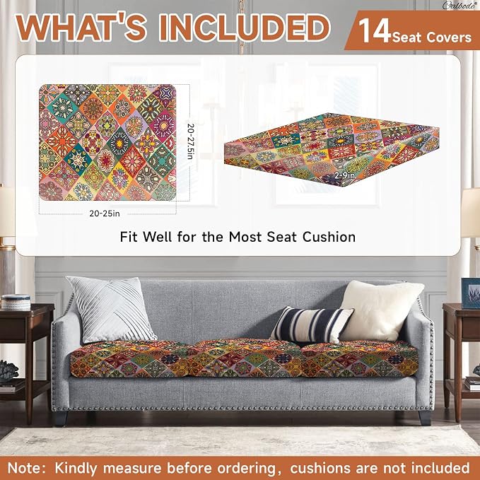 CALBODE 14Pcs Stretch Patio Cushion Cover, Bohemian Geometric Pattern | - Image 2