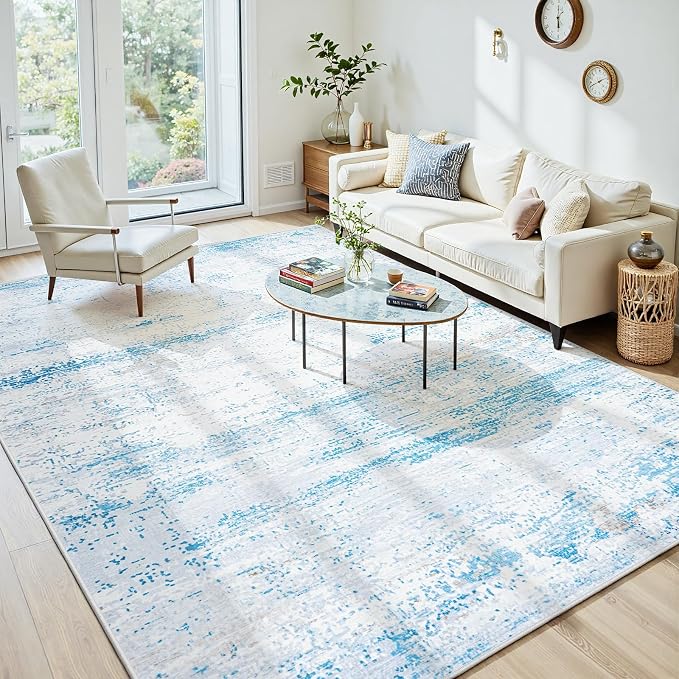 5x7 Washable Area Rug for Living Room Bedroom: Non-Slip Modern Light Blue | - Image 2