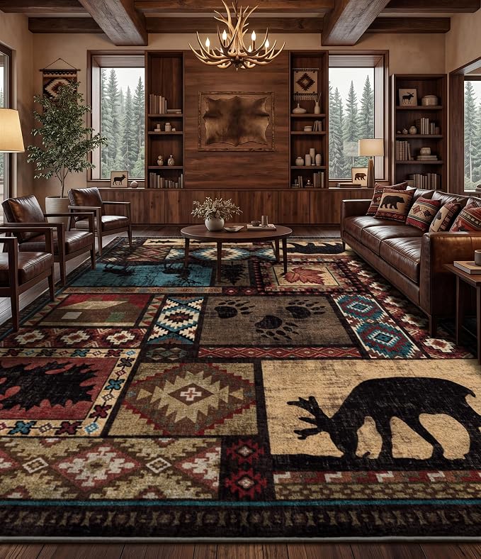 Rustic Cabin Rugs for Living Room 10x14, Wildlife Bear & Deer Area Rug - Image 3