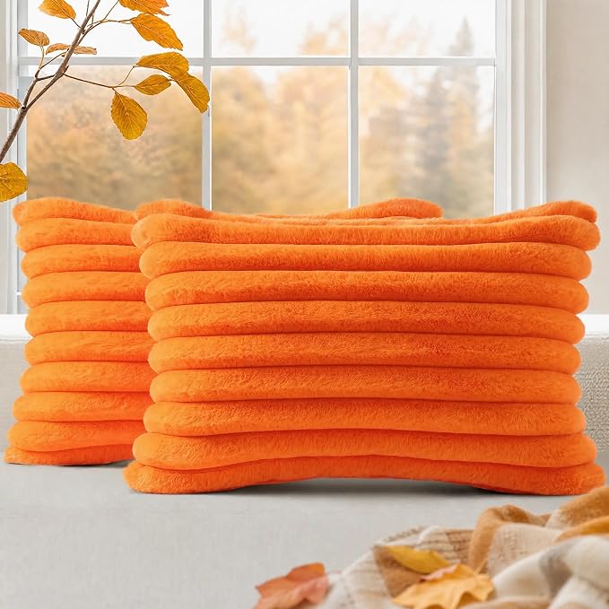 decorUhome Fall Faux Fur Throw Pillow Covers 12x20 Set of 2 Orange | Decorative by decorUhome