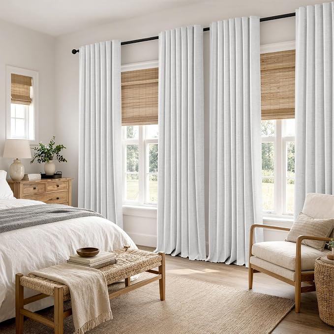 MIULEE 100% Blackout Linen Curtains 42 x 96 Inch Heathered White 2 Panels | - Image 8