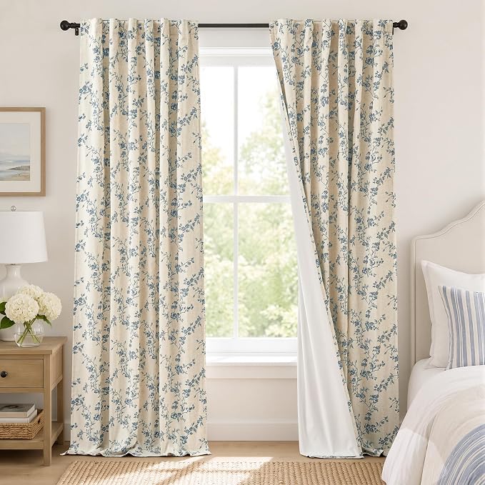 Blackout Vintage Floral Linen Curtains Blue on Beige 50×96 2 Panels | Elisa by Lazzzy