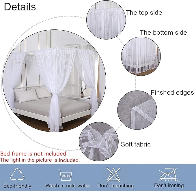 Akiky Princess Canopy Bed Curtains Set with Star Light Sheer Curtain for King Size Bed,8 Panels Canopies (King, White)