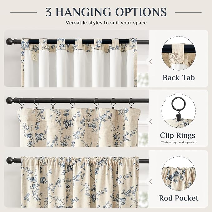 Blackout Vintage Floral Linen Curtains Blue on Beige 50×90 2 Panels | Elisa - Image 8