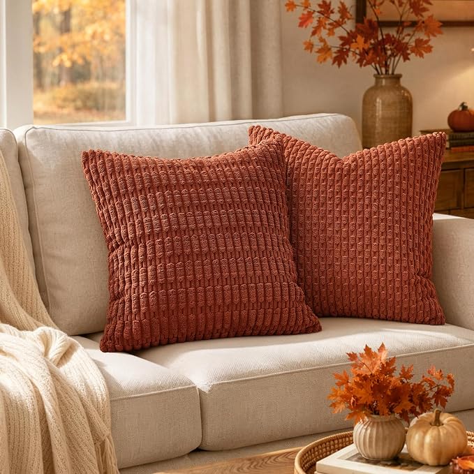 MIULEE Fall Corduroy Decorative Throw Pillow Covers 12x12 Rust Pack of 2 | - Image 2