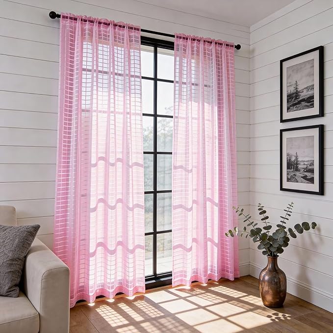 SpaceDresser Check Sheer Curtains 90 Inches 2 Panels Set, Rod Pocket Plaid - Image 4