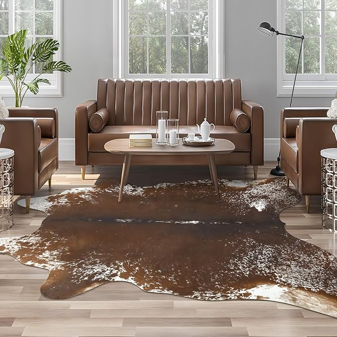Faux Cowhide Rug, Animal Cow Hide Rug, 7 x 6.2 Ft Spotted Brown | Premium by AROGANAREARUG