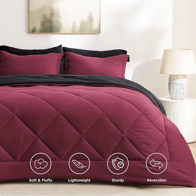 Bedsure Queen Comforter Set - 7 Pieces Reversible Burgundy and Black Bedding, Queen Size Bed Set for All Seasons, Bed in a Bag with Down Alternative Comforter, Sheets, Pillowcases & Shams