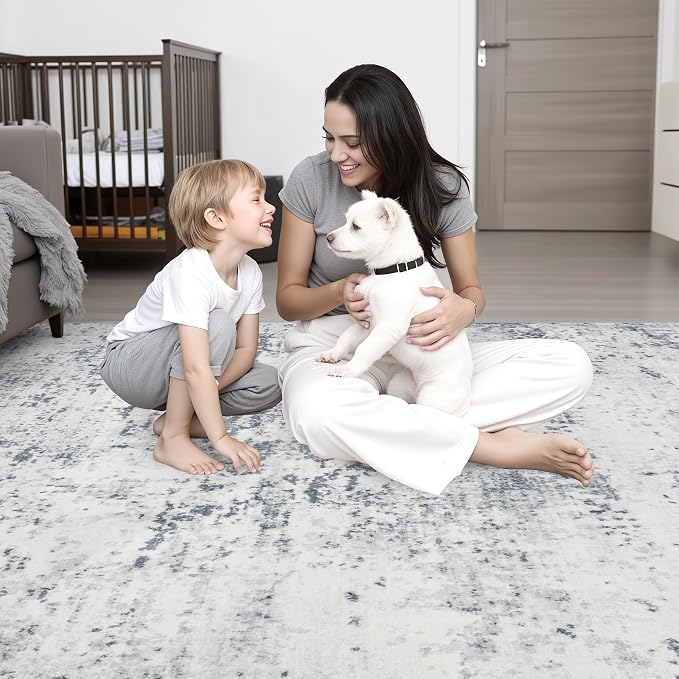 3x10 Washable Runner Rug：Modern Abstract Soft Carpet Blue Grey | - Image 2