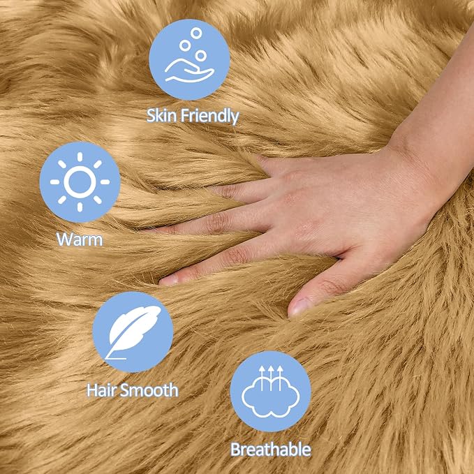 15.7 Inches Mini Khaki Round Faux Fur Sheepskin Area Rug, Fluffy Small Circle - Image 5