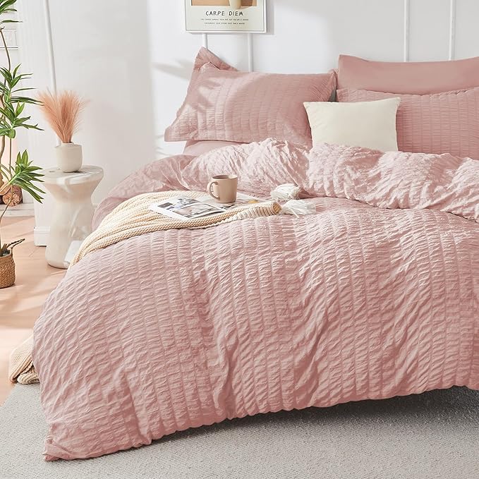 HYMOKEGE Rose Gold California King Comforter Set Seersucker 7 Pieces, All Season Luxury Bed in a Bag Queen for Bedroom, Bedding Set with Comforter, Sheets, Pillowcases & Shams
