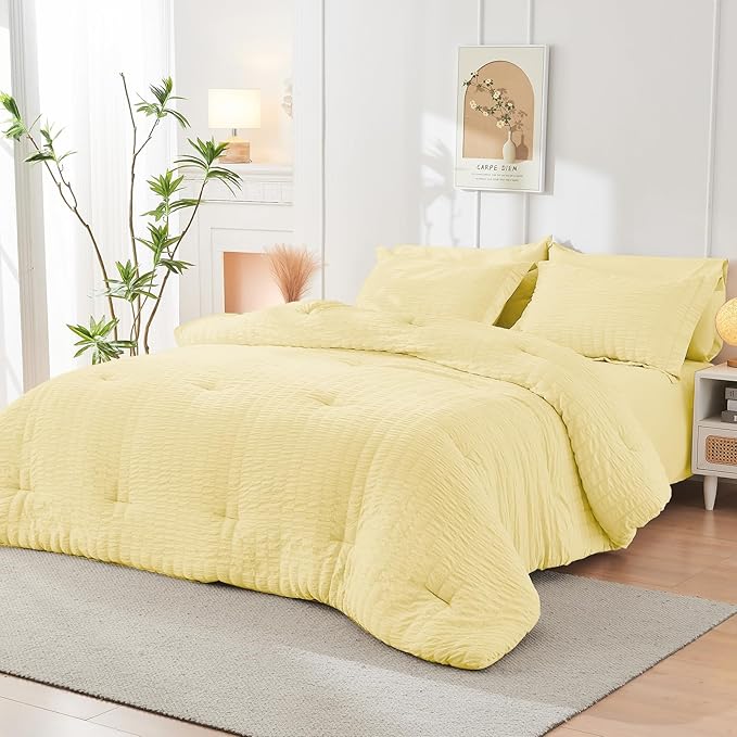 HYMOKEGE Yellow Full Size Comforter Sets Seersucker 7 Pieces, All Season Luxury Bed in a Bag for Bedroom, Bedding Set with Comforter, Sheets, Pillowcases & Shams