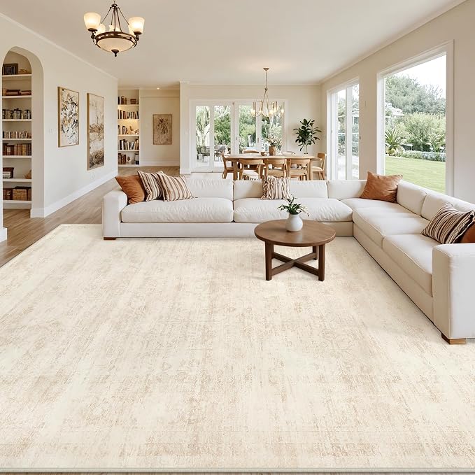 Area Rugs 9x12 Living Room: Bedroom Washable Carpet Retro Beige | Large Vintage - Image 8
