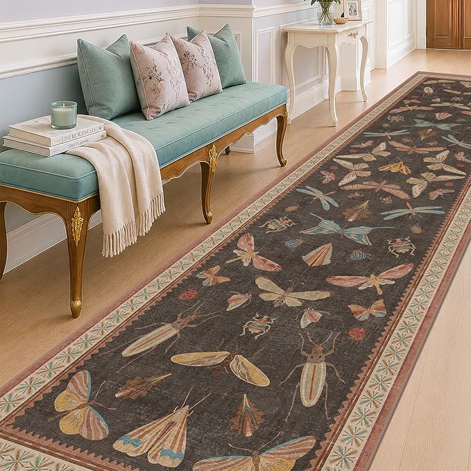 Vintage Insect Moth Runner Rug 3x12, Washable Non Slip Carpet by HazoHaus