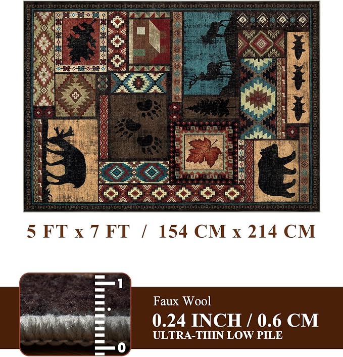 Rustic Cabin Area Rug 5x7, Machine Washable Lodge Bear Rug, Non-Slip Low Pile - Image 2