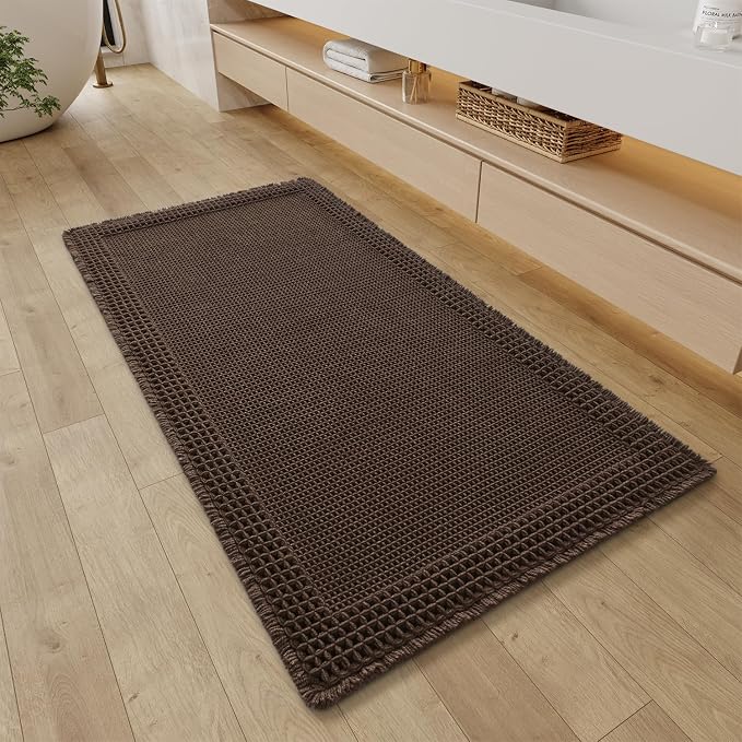 RESARE Waffle Bathroom Runner Rugs, Non Slip Boho Bath Mat 24x48 Dark Brown | by Resare
