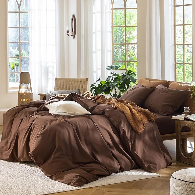 MooMee Bedding Duvet Cover Set 100% Washed Cotton Linen Like Textured Breathable Durable Soft Comfy (Solid Cocoa Brown, Oversized Queen 98"x98")