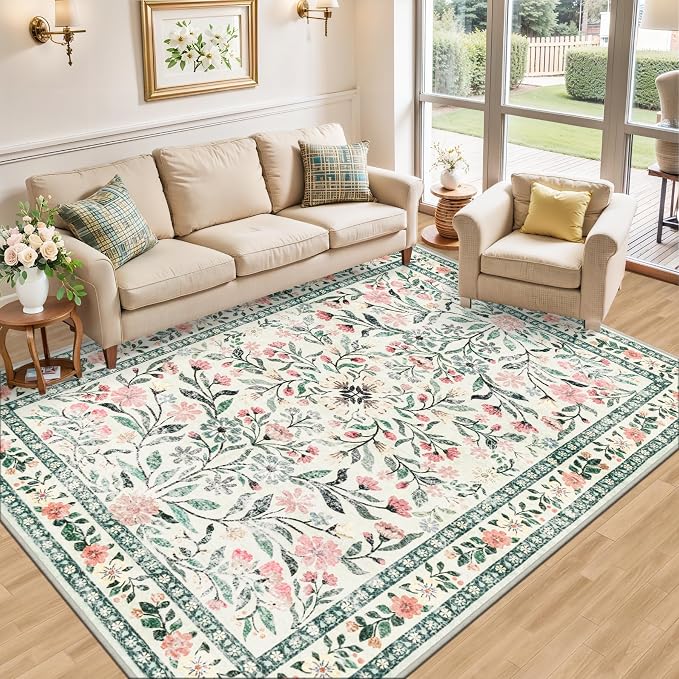 PLHXFR 6x9 Area Rug Living Room: Floral Washable Boho Carpet Green Beige | - Image 2
