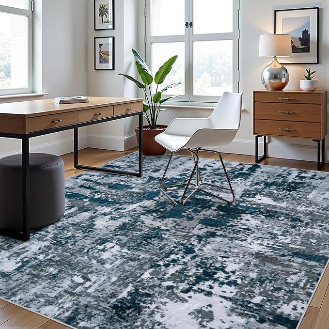 6x9 Area Rugs for Living Room Washable Bedroom Dining Room Navy Grey | Modern - Image 3