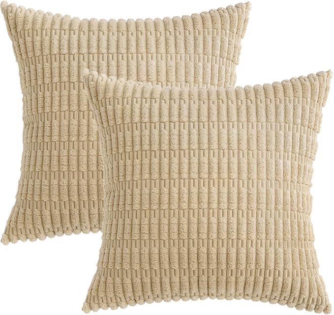 MIULEE Corduroy Decorative Throw Pillow Covers 18x18 Tan Pack of 2 | Soft - Image 6