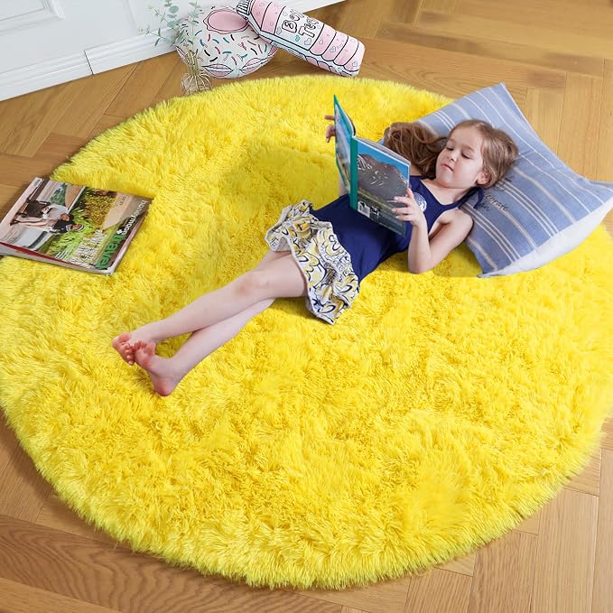 Amdrebio Yellow Shag Fuzzy Large Round Area Rug 6Ft - Image 7