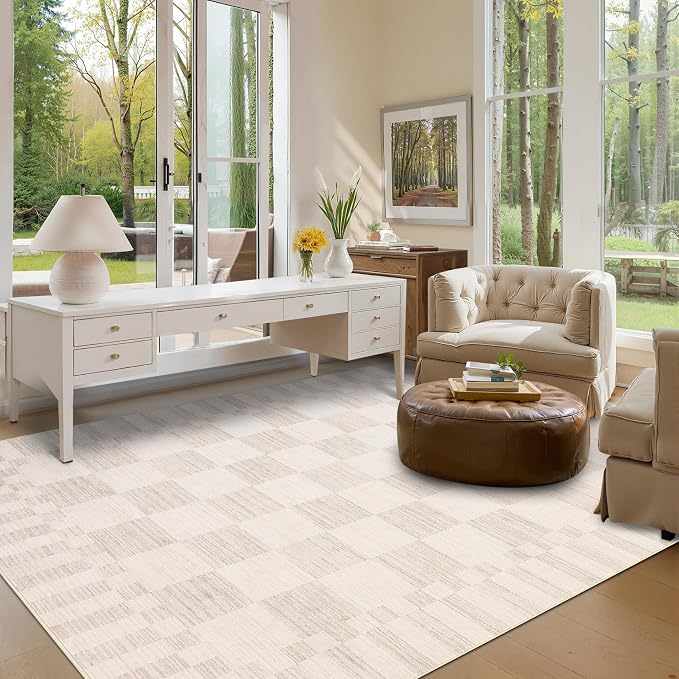 GarveeHome Beige Checkered Rug 5x7 Area Rugs Washable Checkerbroad 5x7 Rug | - Image 2