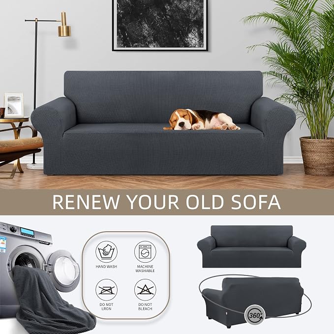 Stretch Couch Covers for Sofa, 3 Cushion Couch Slipcover, Charcoal | 1-Piece - Image 3
