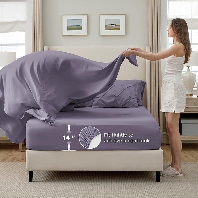 Bedsure California King Comforter Set - Bed in a Bag Cal King Bedding Set 7 PCS, GentleSoft™ Pintuck Bed Set Gift for Family, Pinch Pleat Purple Comforter with Sheets, Pillowcases & Shams