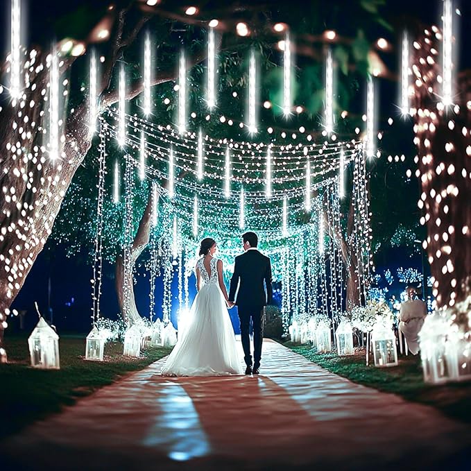 Kwaiffeo Outdoor Christmas Decorations, Waterproof 40-Tube Meteor Shower Lights for Xmas Wedding Party Hanging Decor, Wedding Decorations for Reception, Equivalent to 5 Sets of 8-Tubes, White