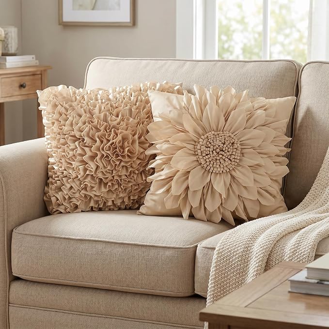 Beige Taupe Accent Flower Decorative Throw Pillow Covers - Image 4