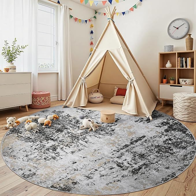 Round Rug 8ft Washable Rug for Dining Room Living Room Black Grey Gold | Modern - Image 4
