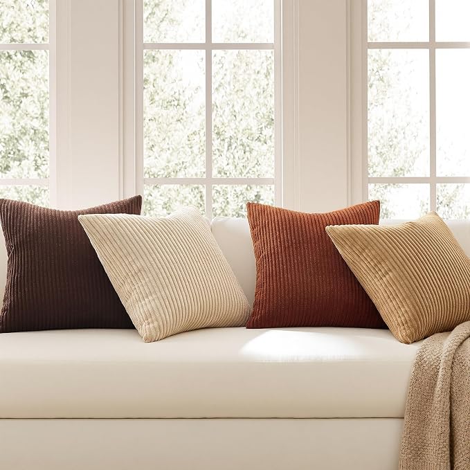Topfinel Beige Brown Throw Pillow Covers Rustic Modern Soft Corduroy Striped - Image 2
