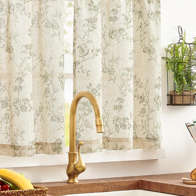 Green on Beige Linen Kitchen Curtains Rod Pocket 26W X 36L 2 Panels | Elisa - Image 7