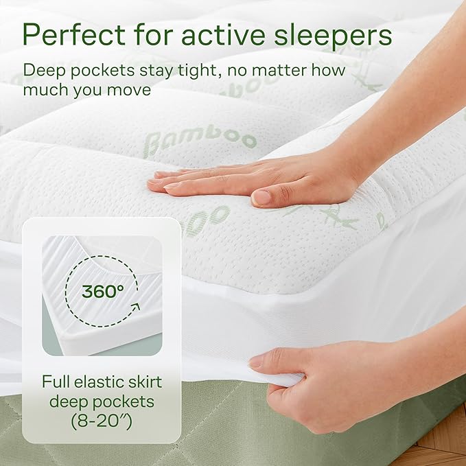 Ultra Soft Full XL Size Mattress Topper - Viscose Made from Bamboo Pillow Top Mattress Pad for Back Pain Relief - Naturally Cooling for Hot Sleepers, Green