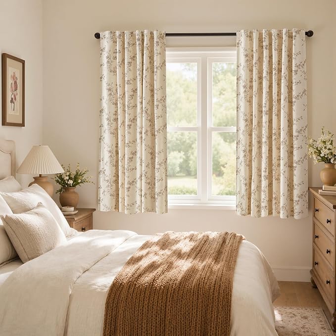 Blackout Vintage Floral Linen Curtains Taupe on Beige 50×63 2 Panels | Elisa - Image 6