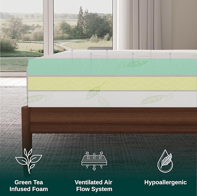 NapQueen Twin XL Size, 10 Inch Anula Green Tea Infused Memory Foam Mattress, Bed in a Box, CertiPUR-US Certified Mattress