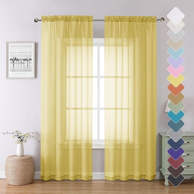 Yellow Sheer Curtains 84 Inches Long 2 Panels, Light Filtering Voile Window by Lecloud