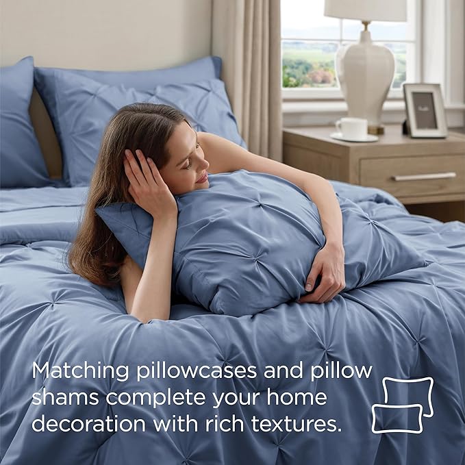 Bedsure Twin Comforter Set Slate Blue - Bed in a Bag Twin Size Bedding 5 Pieces, GentleSoft™ Pintuck Bed Set Gift for Family, Pinch Pleat Slate Blue Comforter with Sheets, Pillowcase & Sham