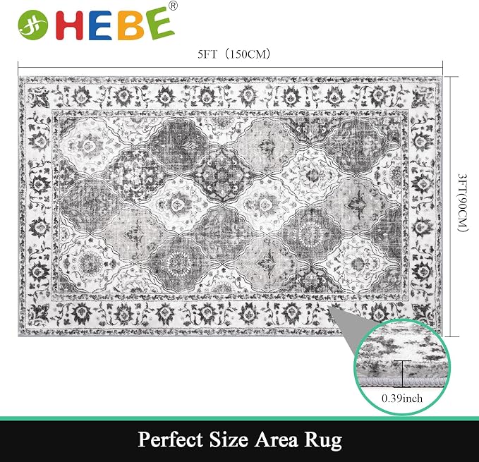 HEBE Area Rug for Entryway 3'x5', Washable Non Slip Boho Bedroom Rug | Soft - Image 2