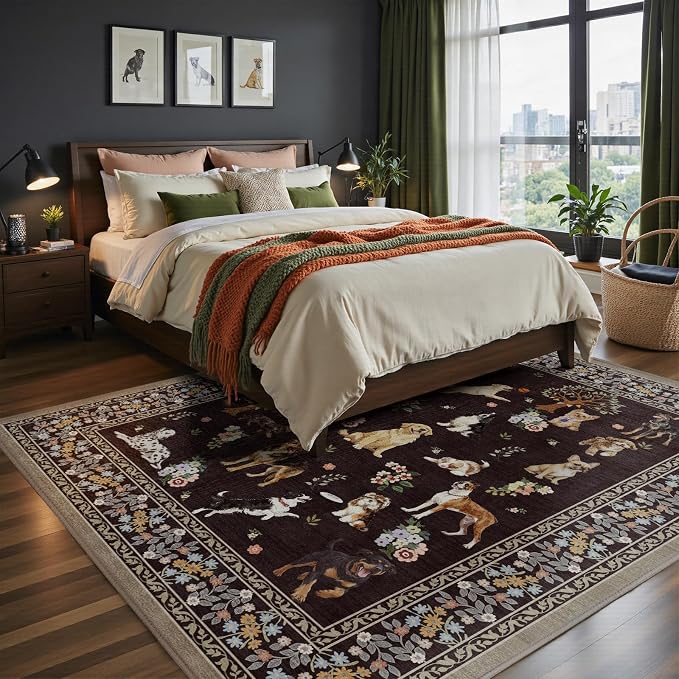 Black Floral Area Rug 6x9 for Living Room Bedroom | Ultra-Thin; Easy Clean; Non - Image 3