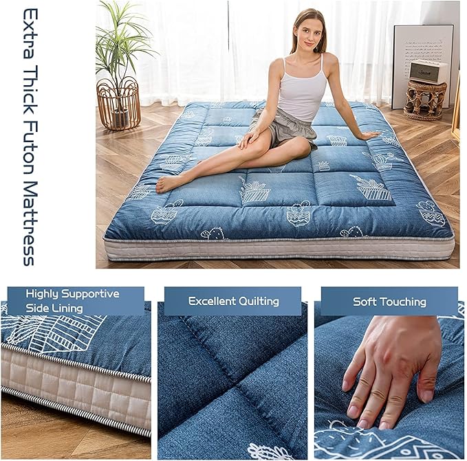 MAXYOYO Grey Cactus Pattern Twin Size Futon Mattress, Quilted Bed Mattress Topper, Extra Thick Folding Sleeping Pad, Breathable Floor Lounger, Guest Bed for Camping, Couch