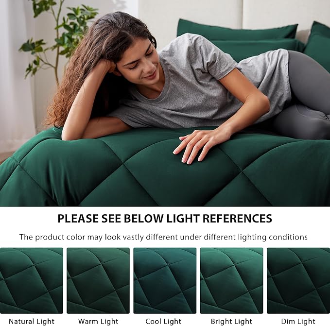Love's cabin King Size Comforter Set Dark Green, 7 Pieces King Bed in a Bag, All Season Bedding Sets with 1 Comforter, 1 Flat Sheet, 1 Fitted Sheet, 2 Pillowcase and 2 Pillow Sham