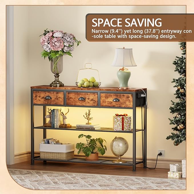 Furologee Console Table with Charging Station & 3 Fabric Drawers, 38'' Entryway Table with Storage Shelves and LED Light for Entry Way, Industrial Display Shelf for Hallway, Foyer, Rustic Brown
